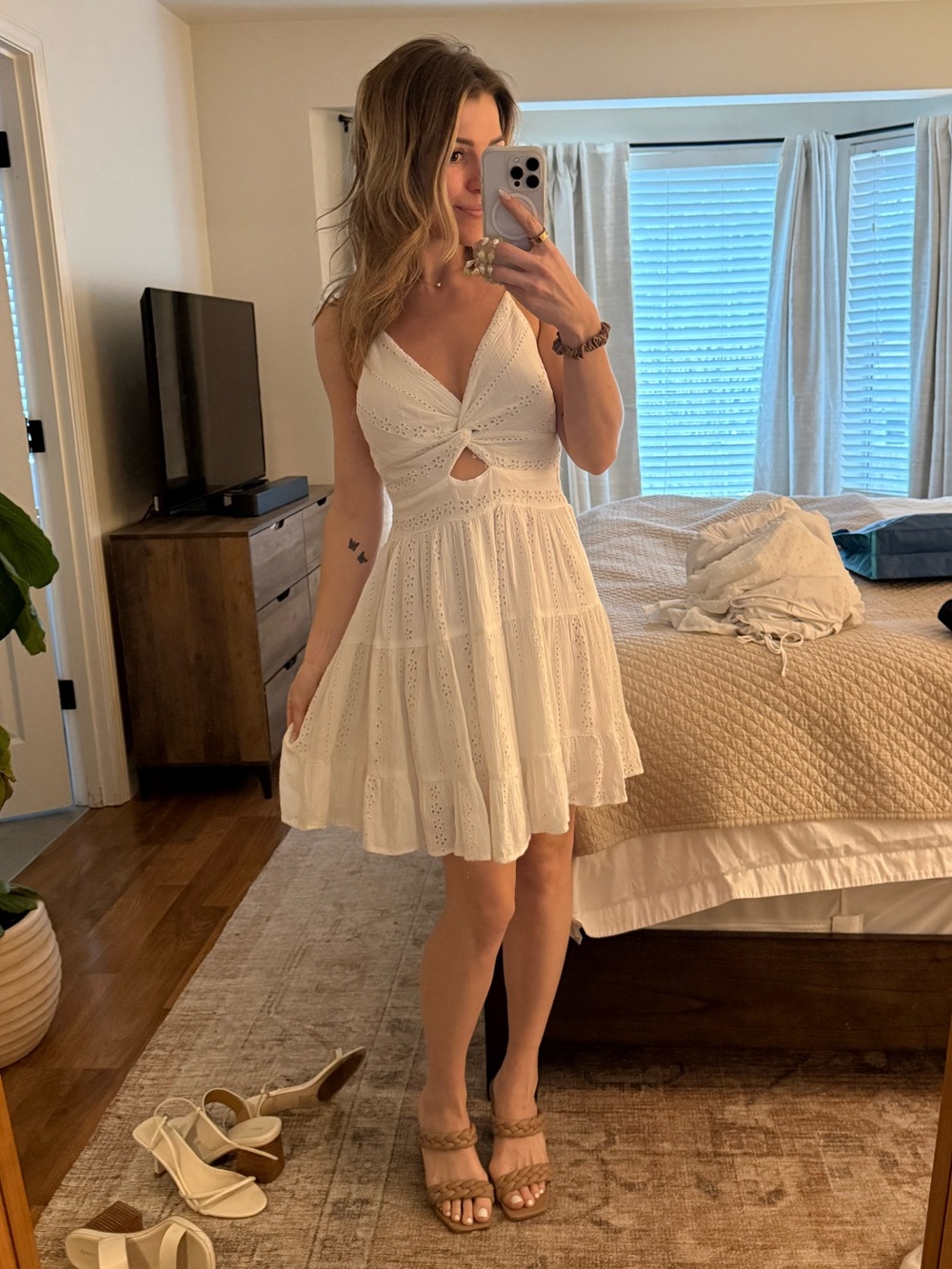 Angie White Eyelet V-Neck Mini Dress - Picture 3 of 6